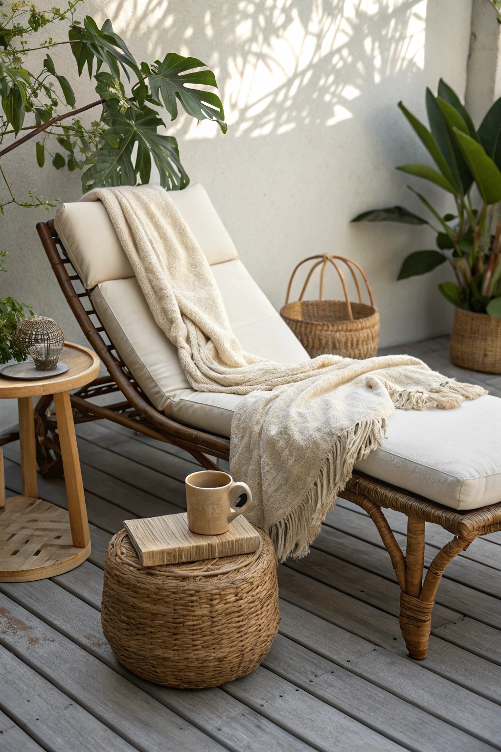 Transform your patio into a serene retreat with a cozy lounge chair and simple, beautiful details.