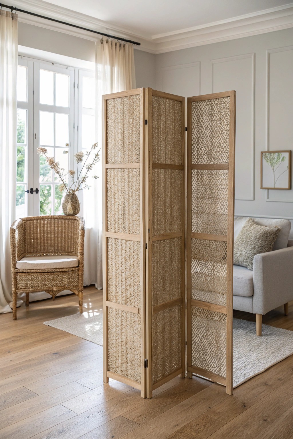 Divide your space with style—natural fiber room dividers for purposeful living rooms.