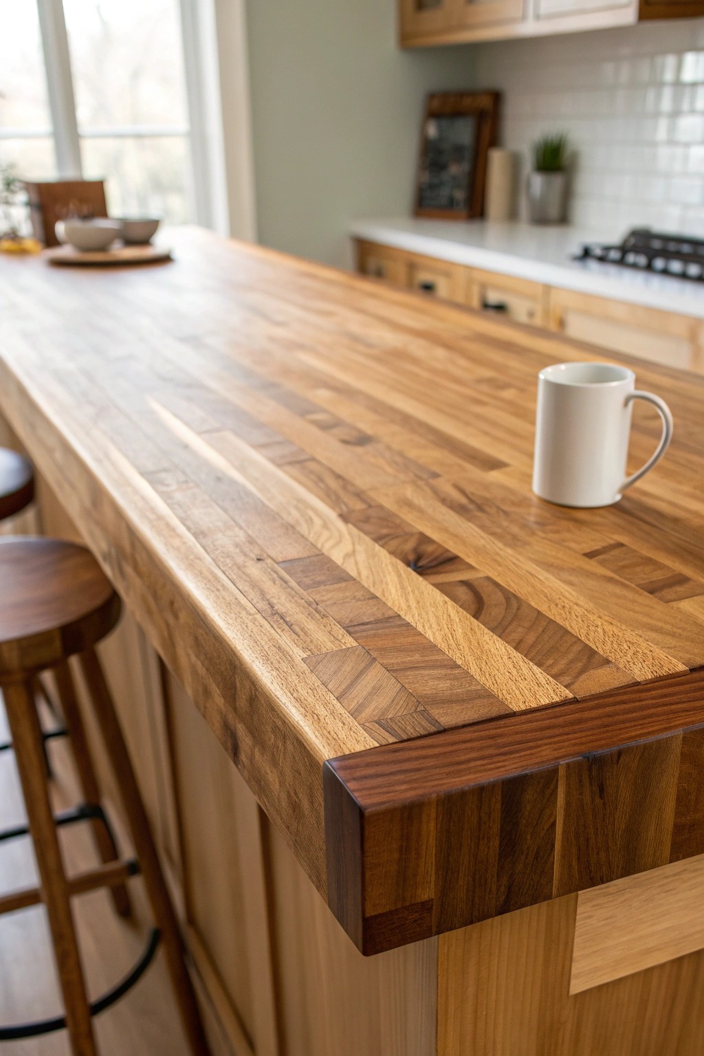 Warmth and timeless style: a classic butcher block bar top for cozy gatherings.