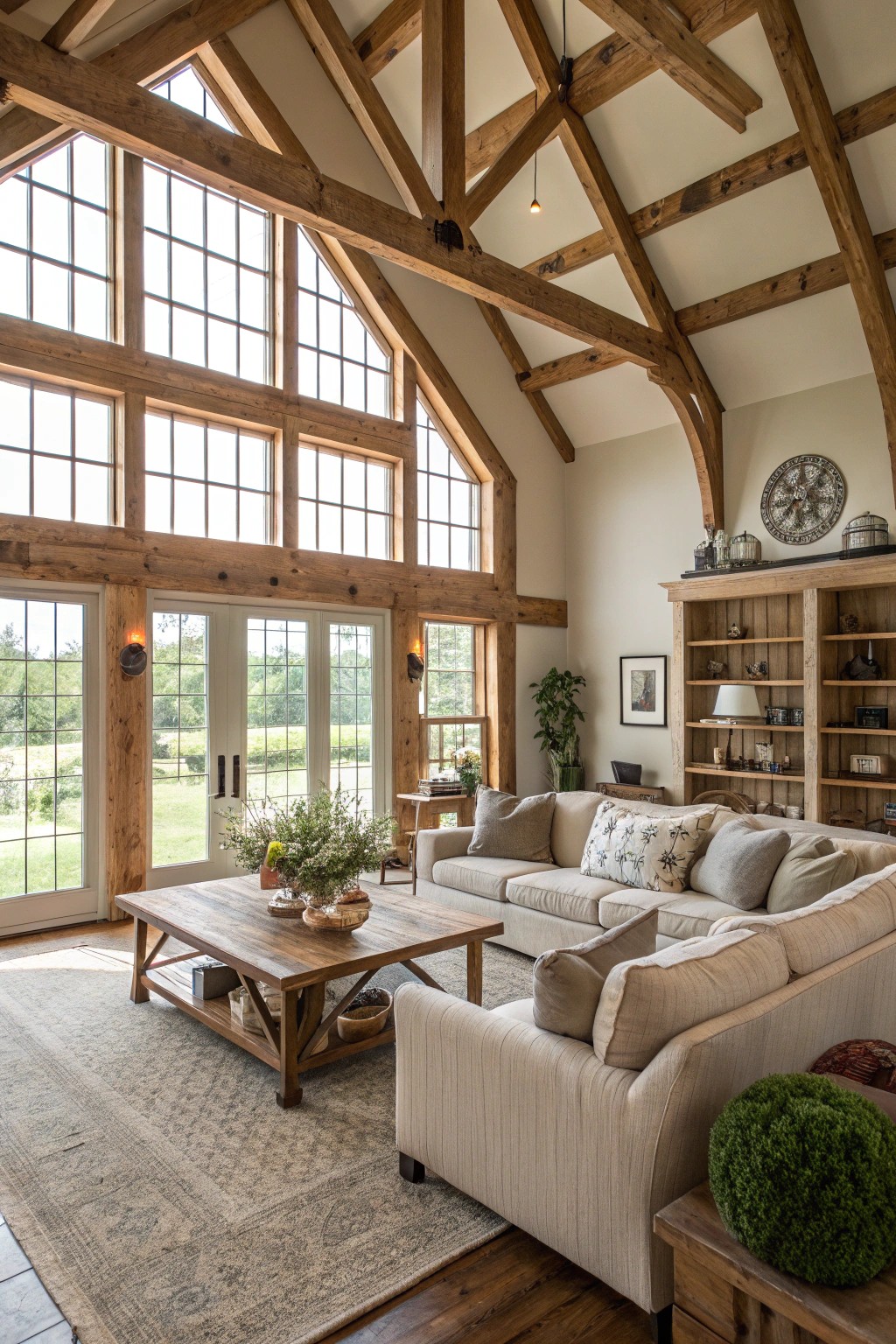 A living area with dramatic vaulted ceilings and exposed beams, radiating warmth and openness.