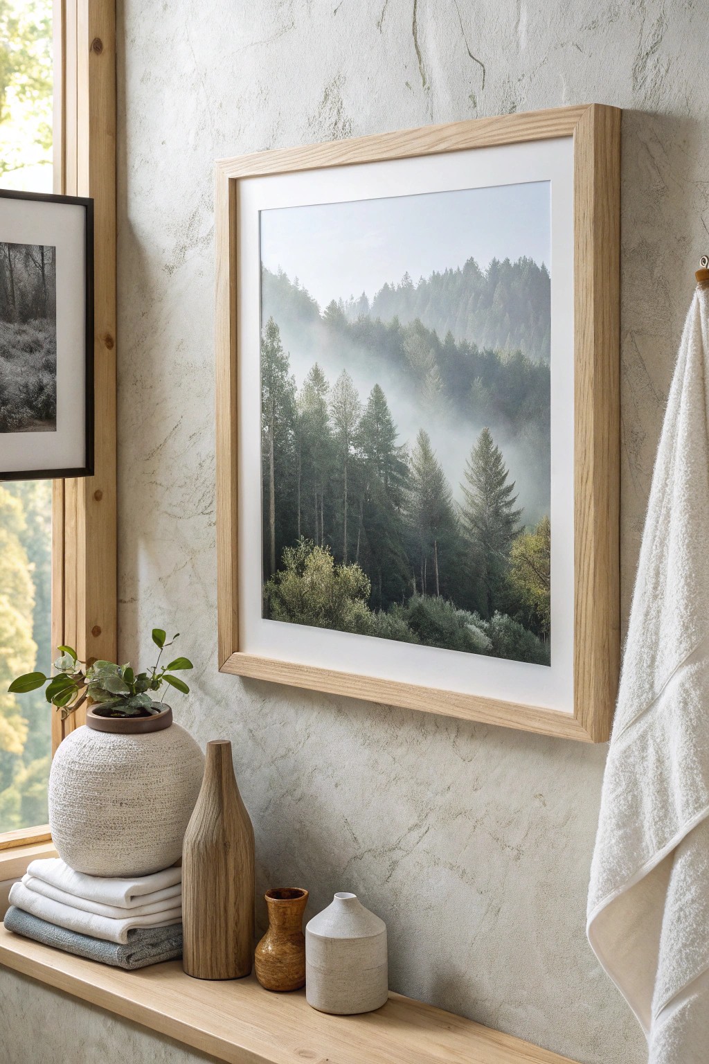 Bring spa-like tranquility to your bathroom with a serene landscape print.