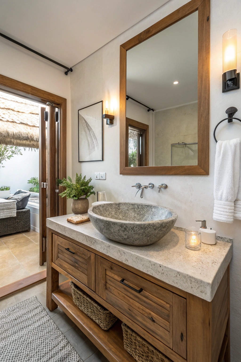 A stone vessel sink creates an eye-catching focal point in a contemporary bathroom