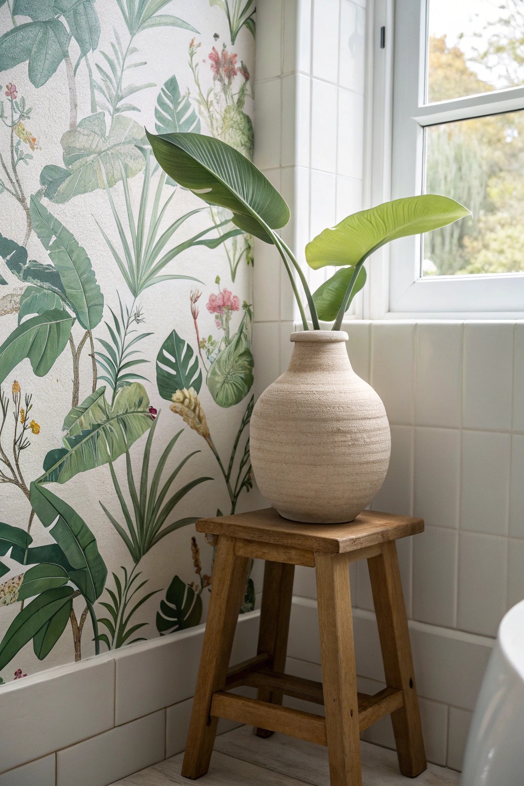 Bring calm to your bath with lush botanical wallpaper and simple, natural accents.