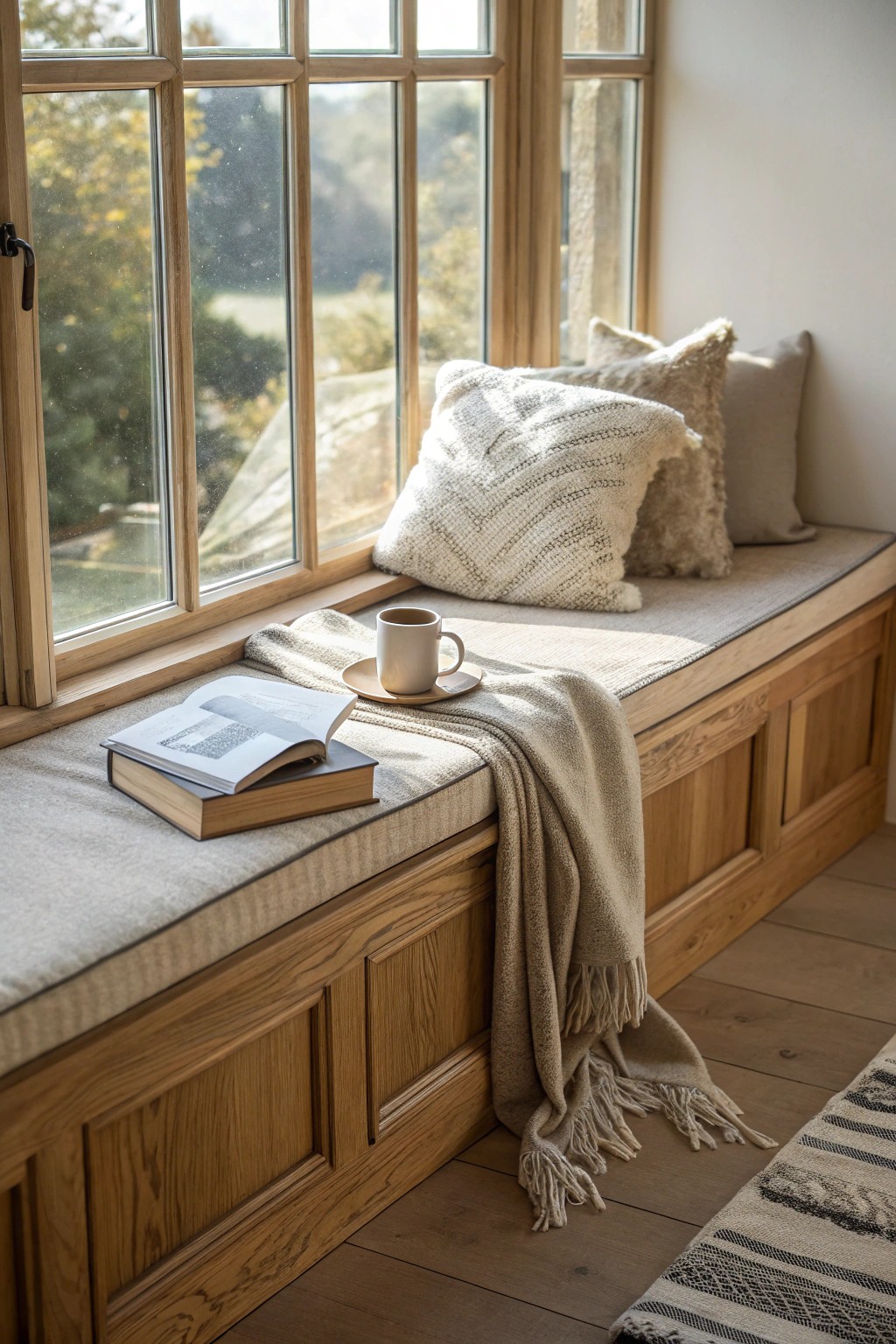 Cozy up in a handcrafted bay window seat—a perfect blend of comfort, beauty, and smart storage.