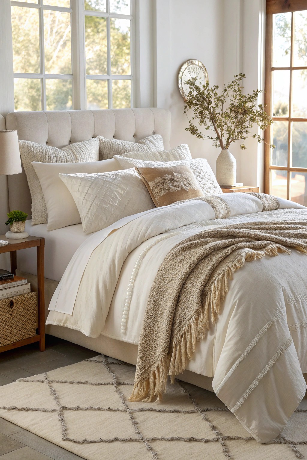 Layered bedding in soft tones creates a cocoon-like atmosphere for couples.
