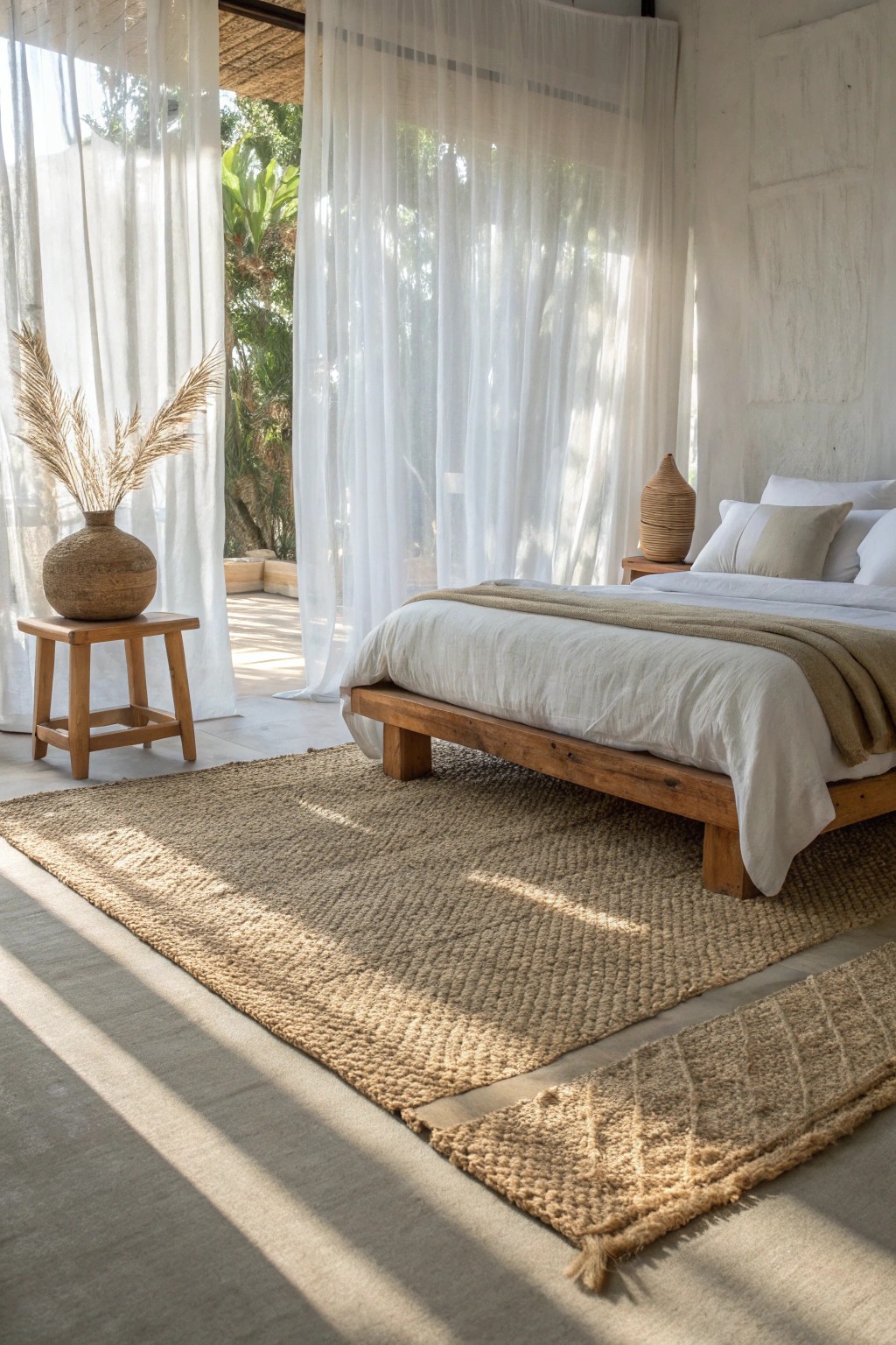 Elevate your bedroom with a large, natural-fiber rug—where comfort meets timeless style.