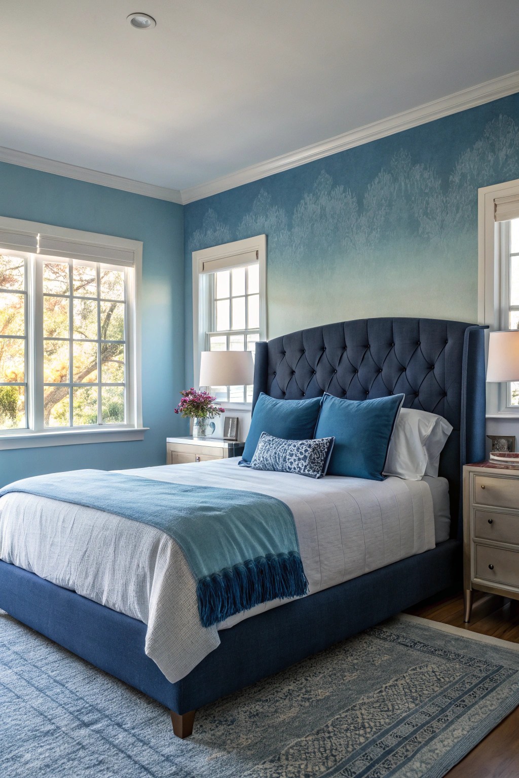 Layering blue tones brings visual depth and a soothing atmosphere to the bedroom.