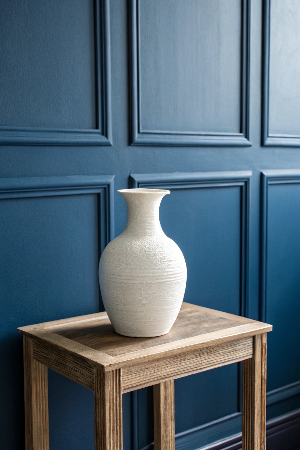 A handcrafted vase stands out against deep navy walls—where simplicity meets dramatic style.