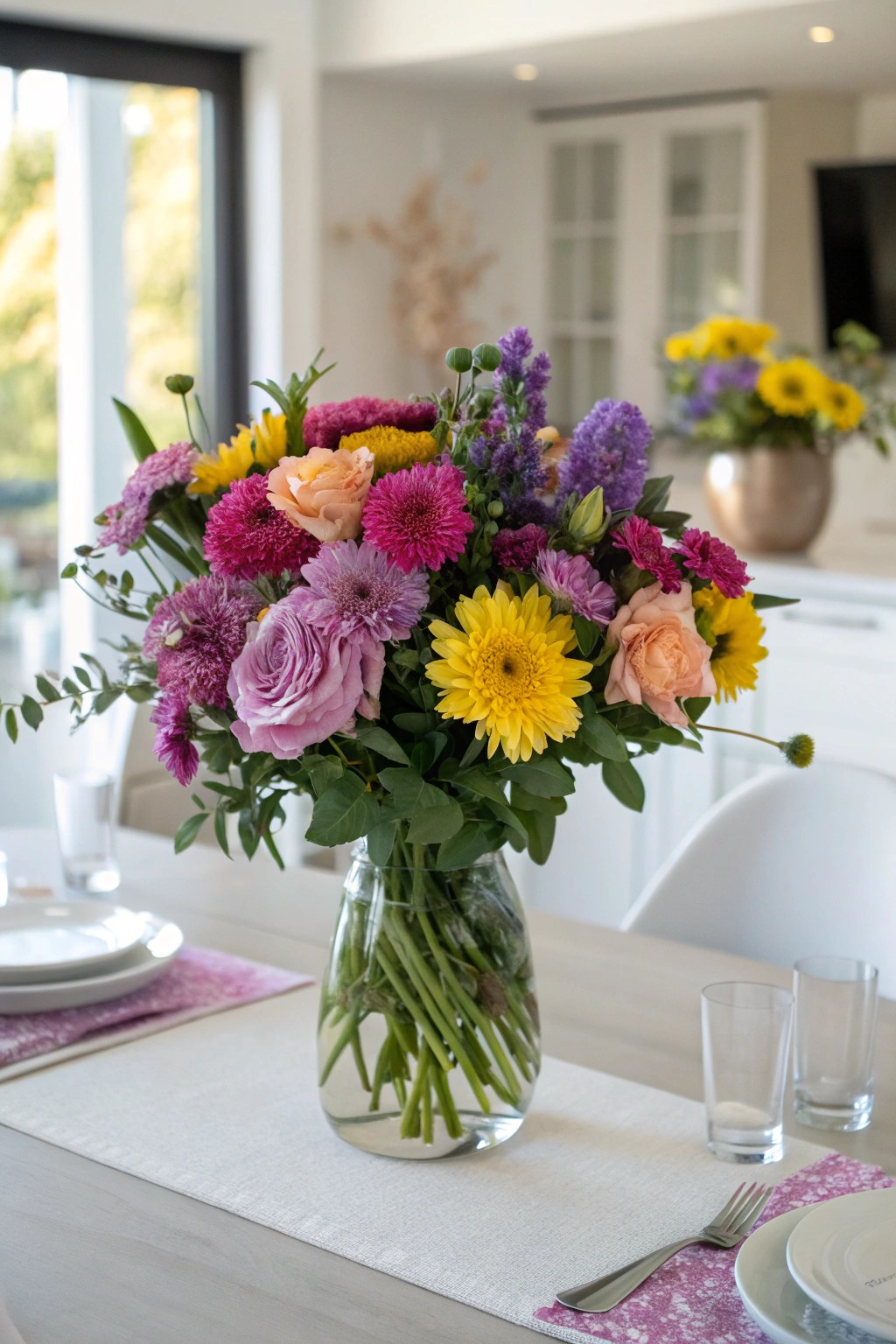 A vibrant bouquet anchors the dining table, bringing life and energy to the space.