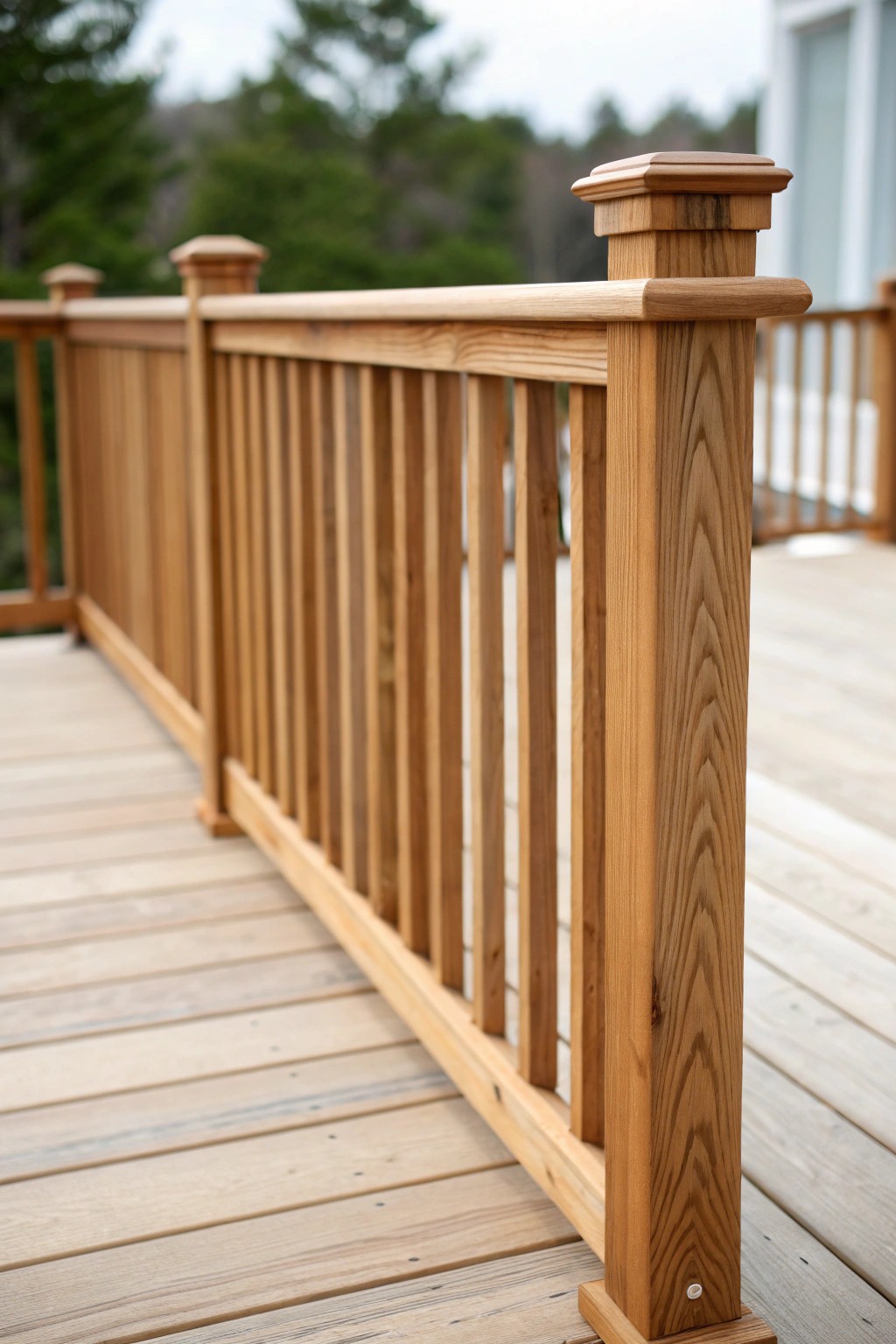 Timeless simplicity: pressure-treated wood railing for a classic deck look.