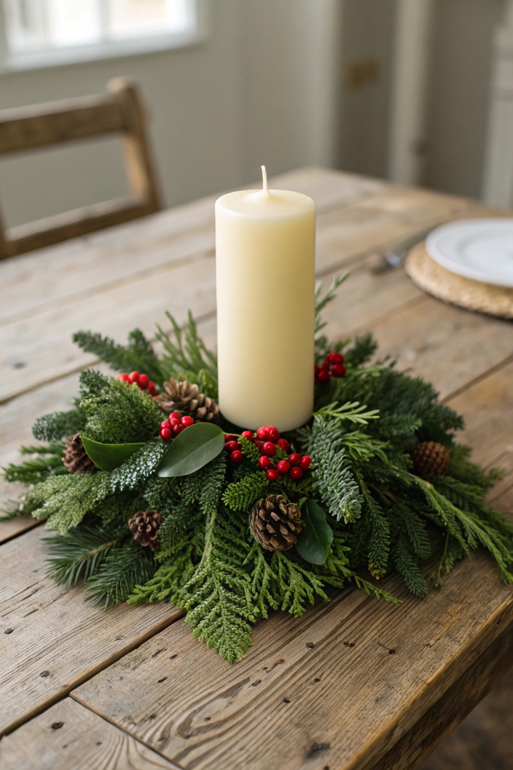 Timeless elegance: a classic candle & evergreen Christmas centerpiece.