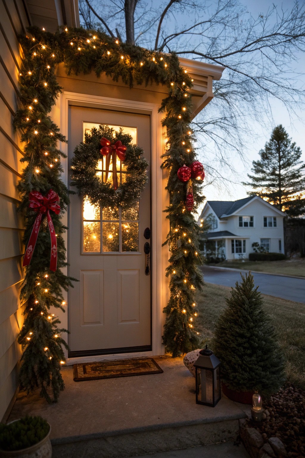 A door framed by a classic evergreen garland illuminated with twinkle lights.