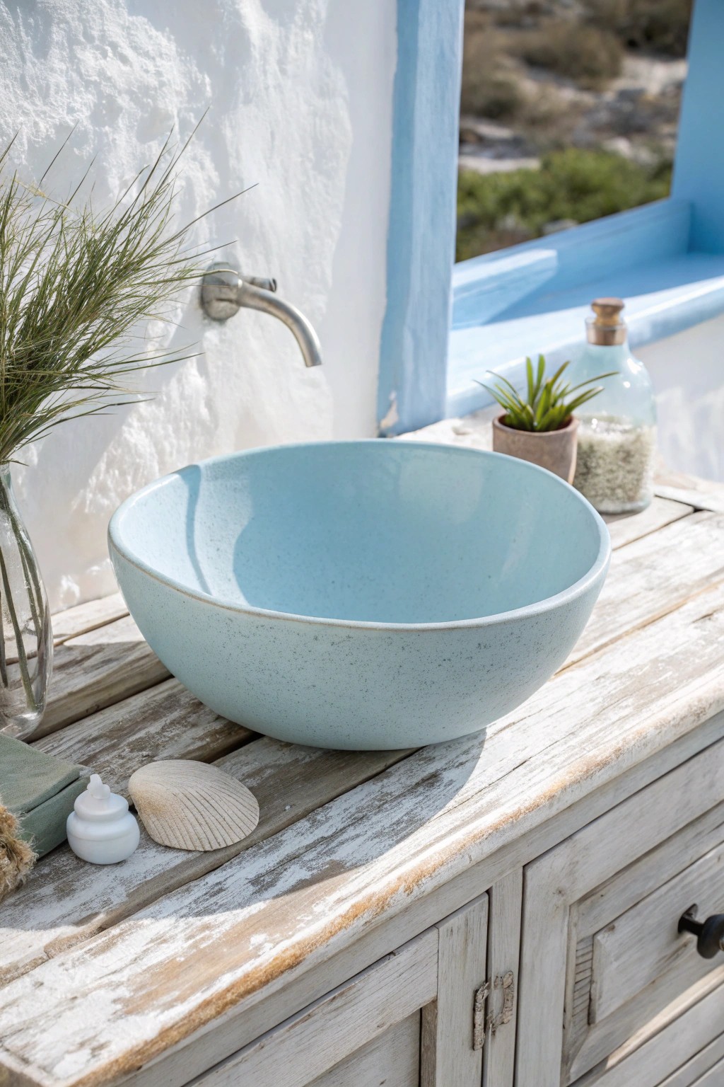 Serene blue and white: the heart of a coastal bathroom retreat.
