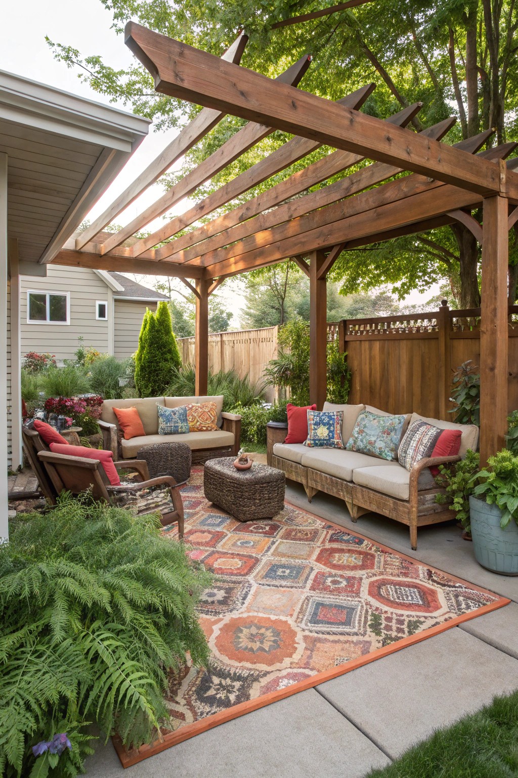 A welcoming backyard living room with cozy seating and plenty of greenery for ultimate comfort.