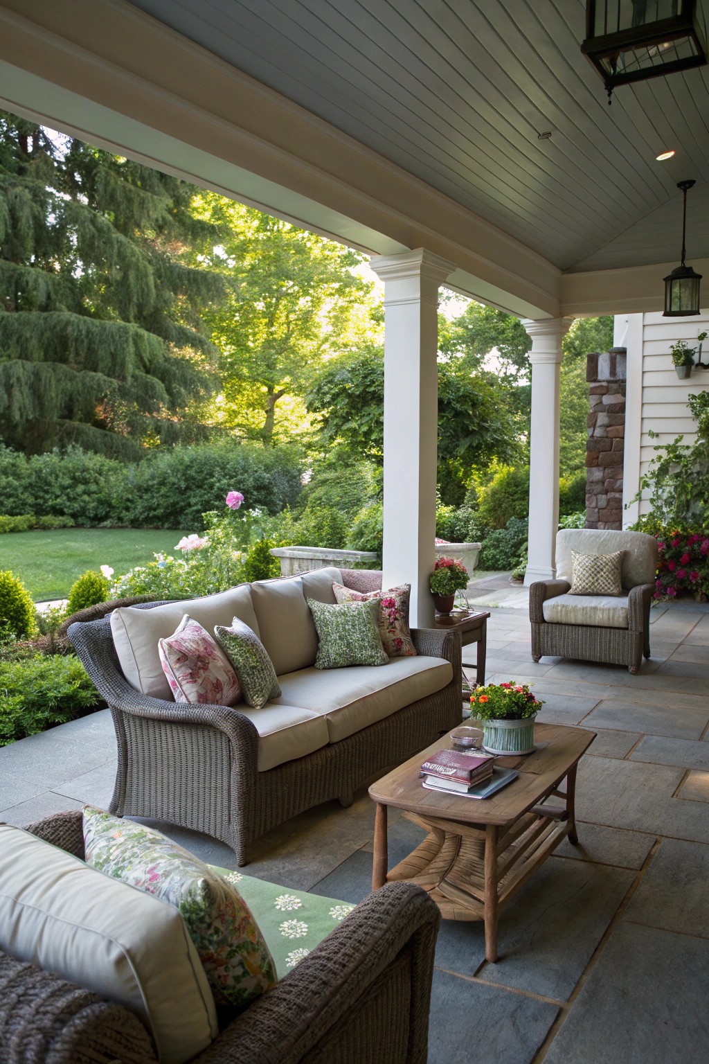 Layered seating with soft cushions turns any covered porch into a cozy escape.