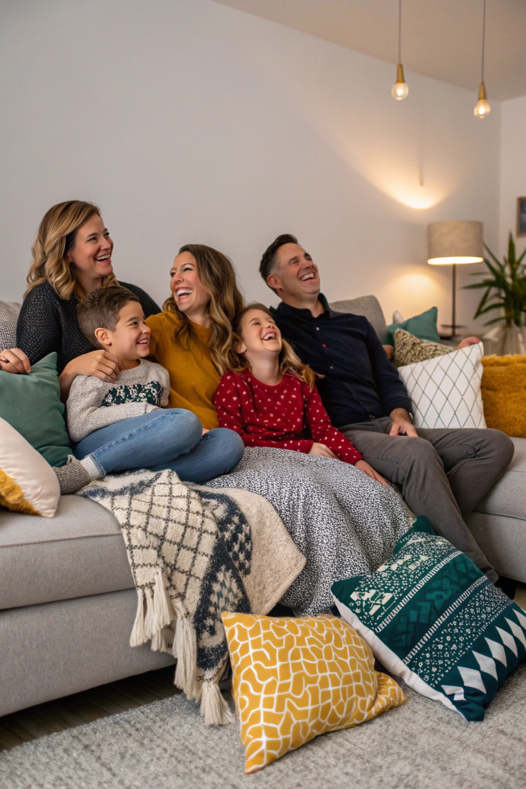 A large family cozied up on a couch, radiating warmth and comfort.