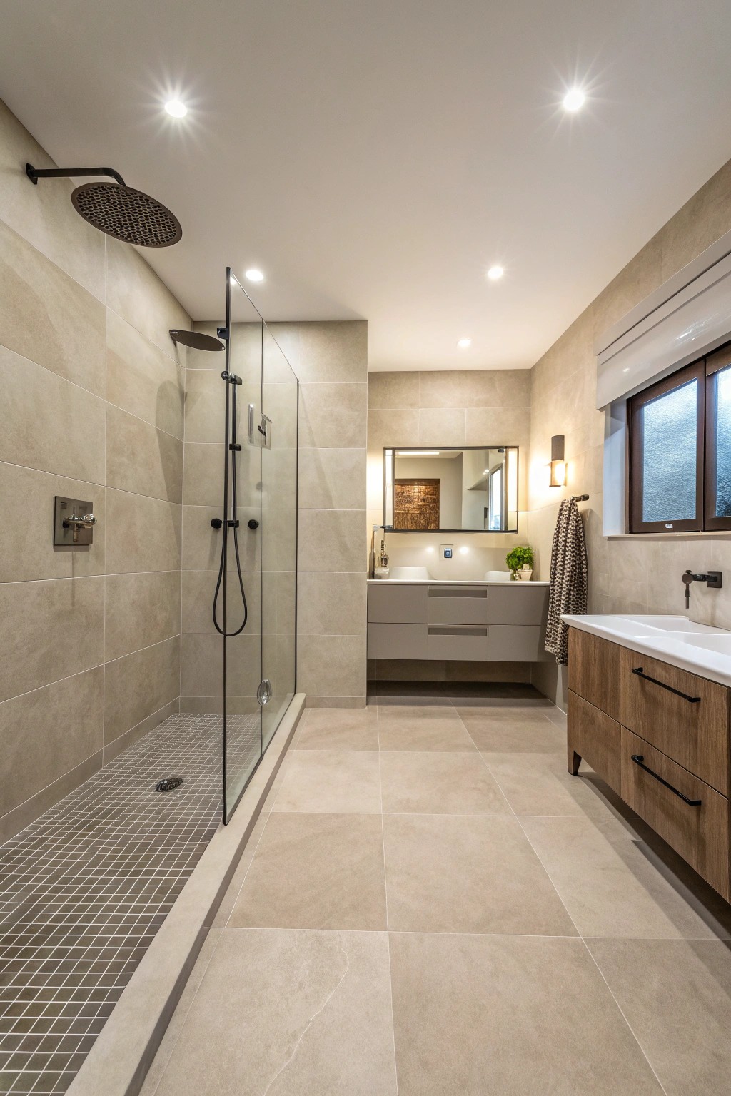 Large-format tiles create a seamless, unified look in this curbless shower.