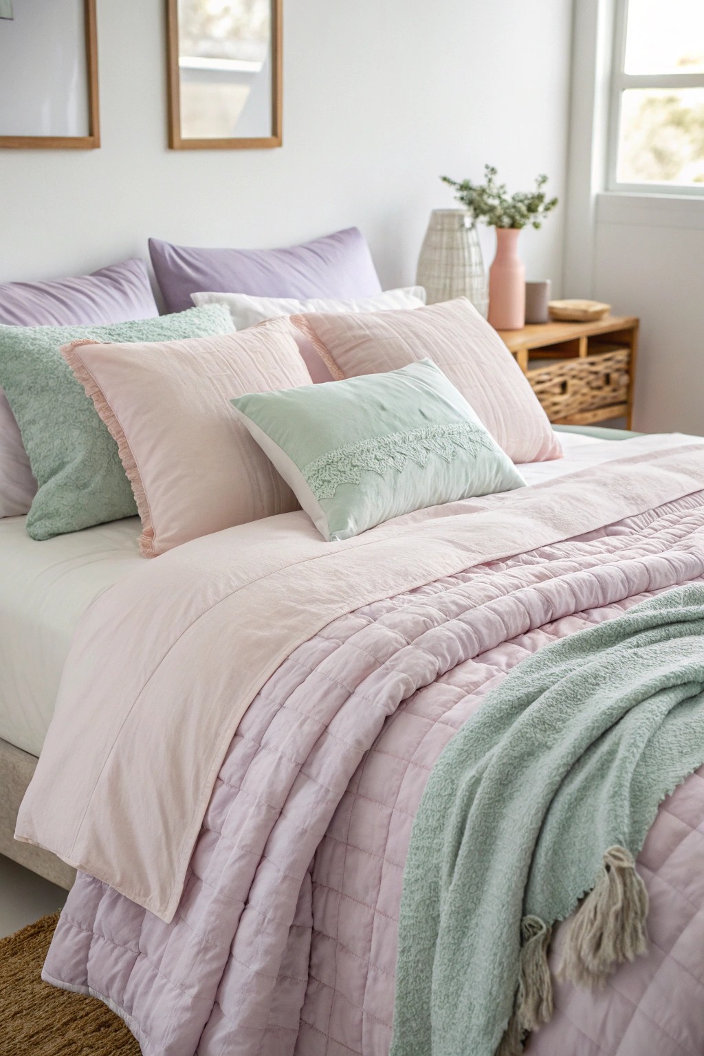 Transform your room into a pastel haven with layers of cozy, soft bedding.