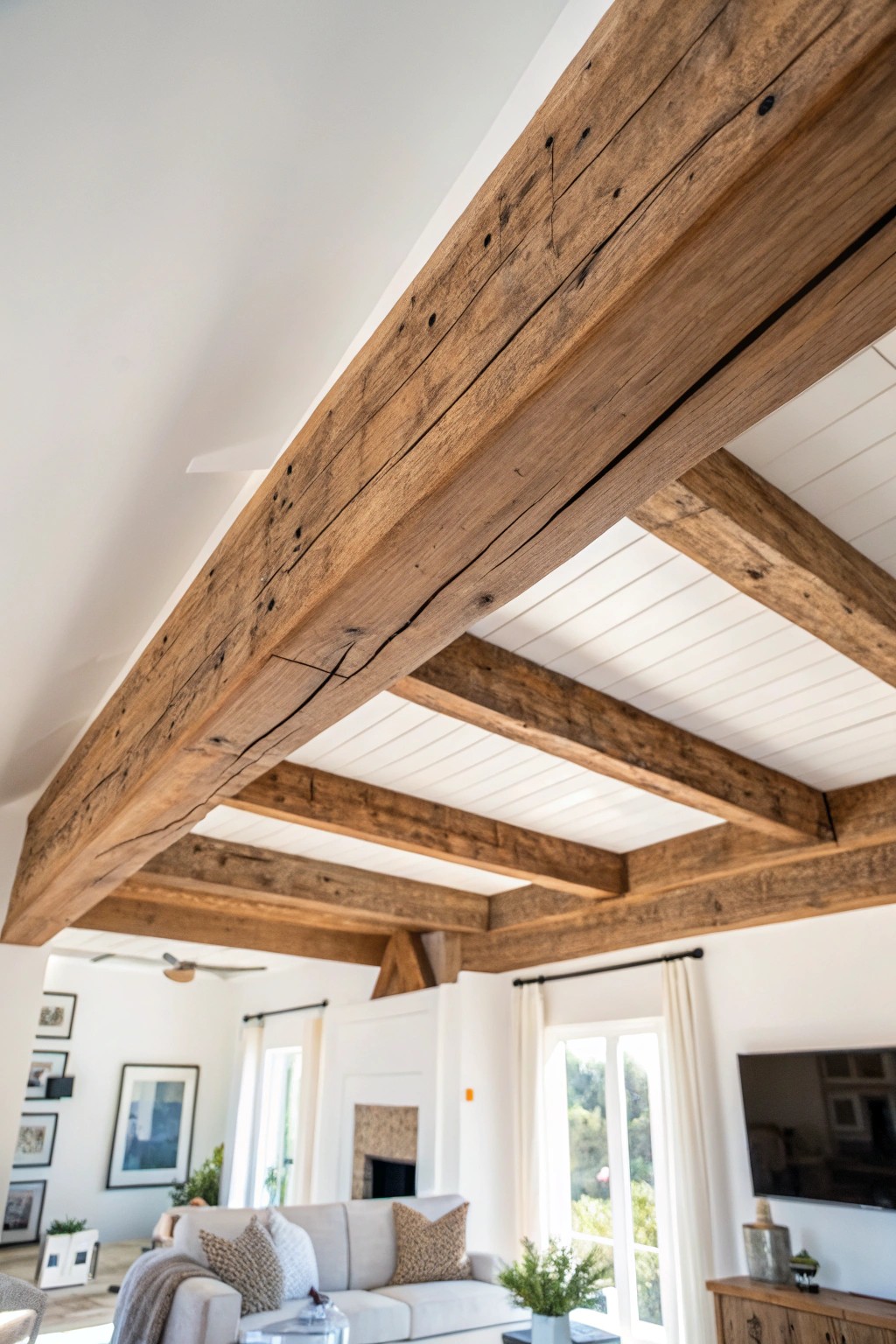 Elevate your space with the timeless beauty of exposed wooden beams.