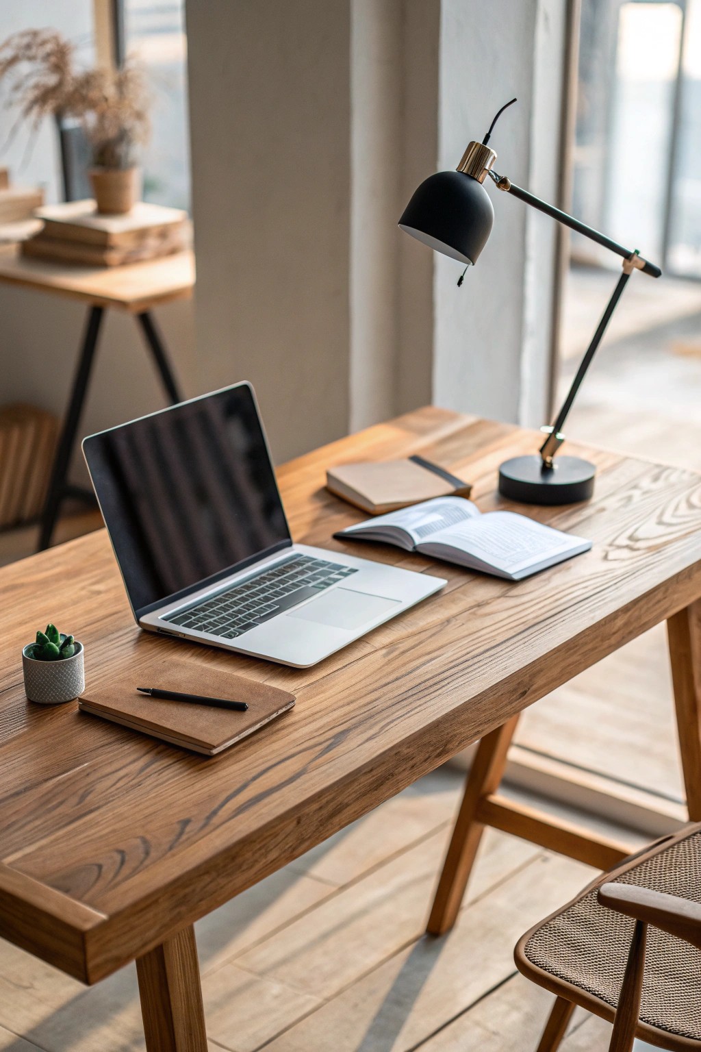 Elevate your workspace with minimalist beauty—just the essentials on a stunning wood desk.