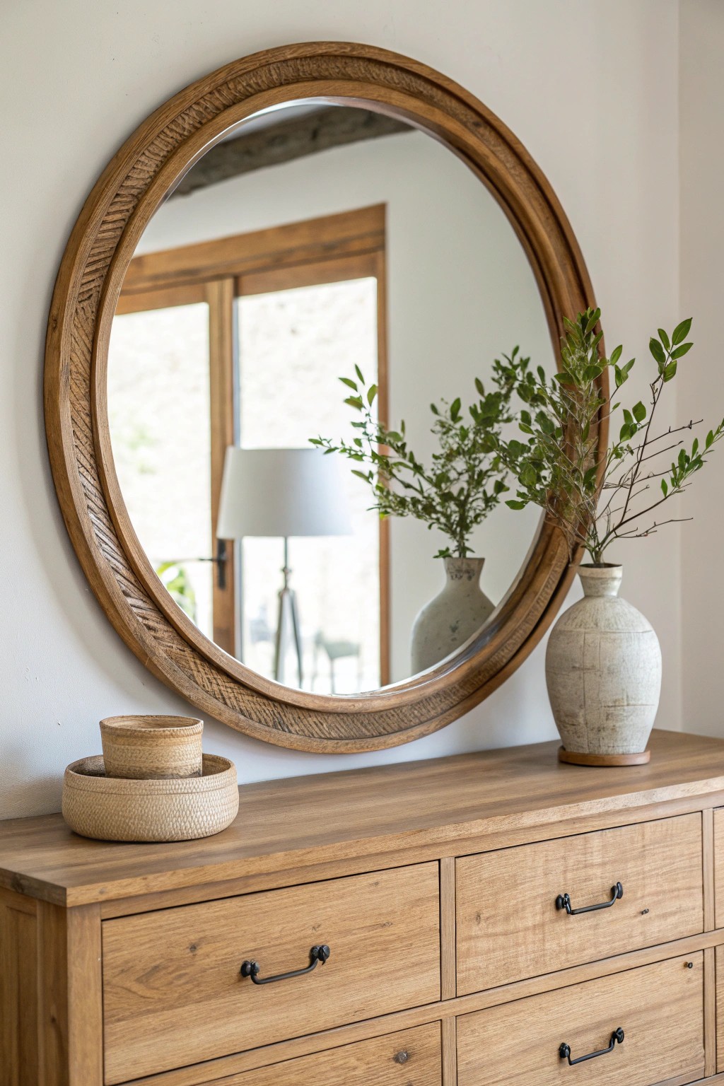Let a statement mirror elevate your dresser with timeless, natural beauty.