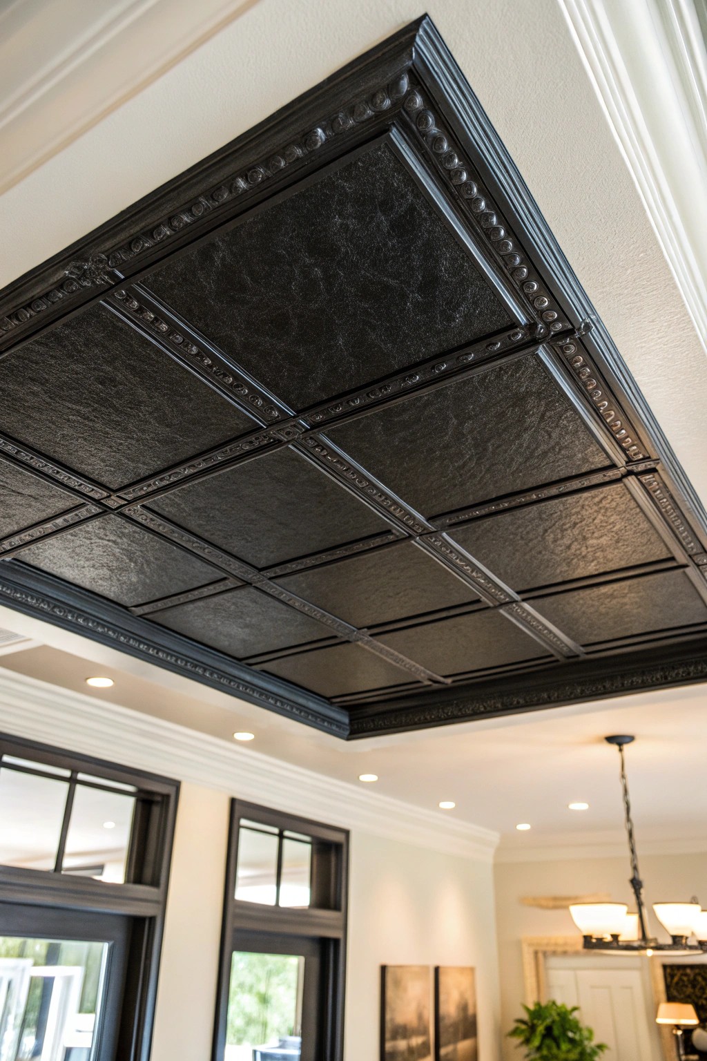 Bold black drop ceiling tile—where moody elegance meets modern simplicity.
