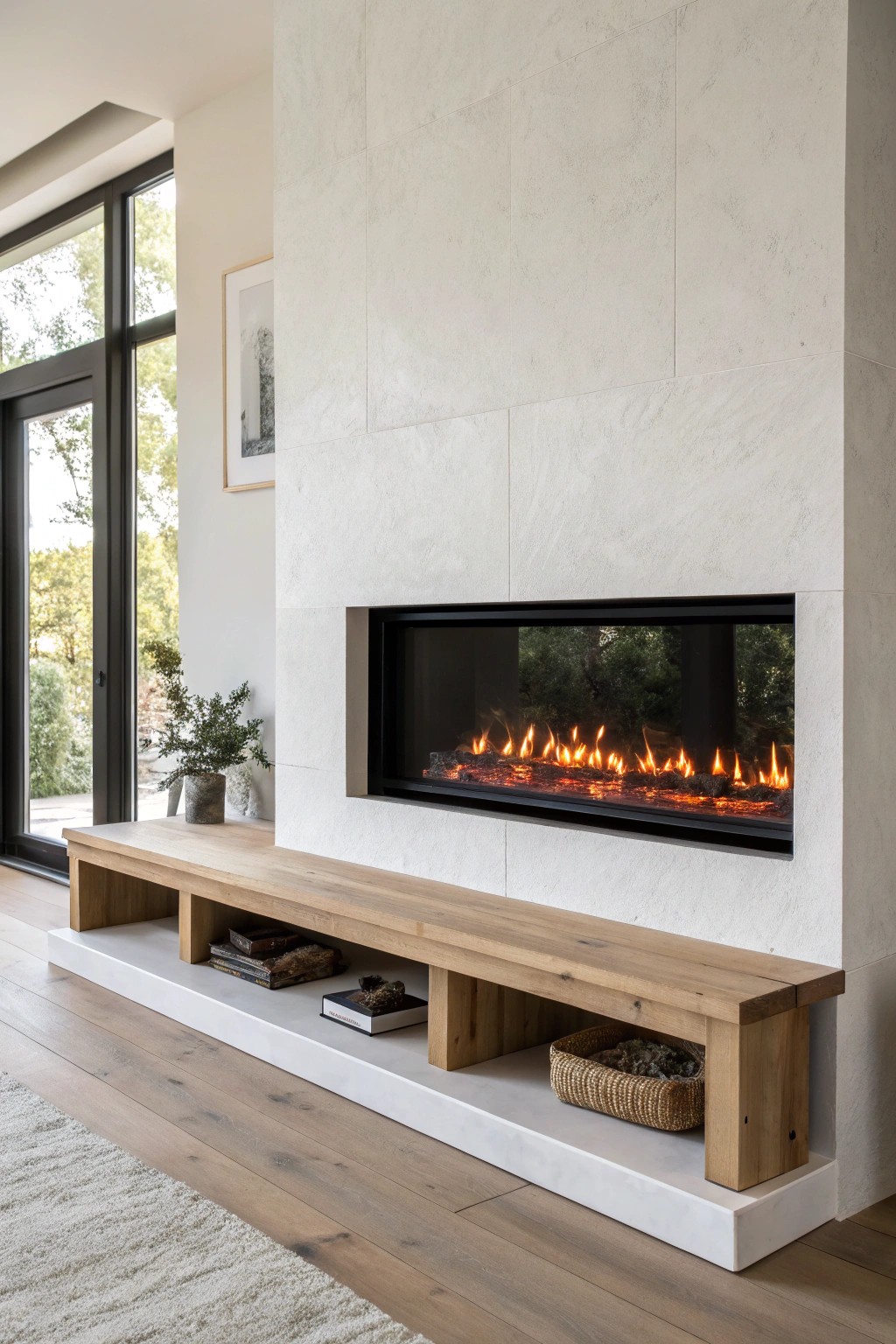 Sleek simplicity: a modern electric fireplace brings effortless calm to your space.