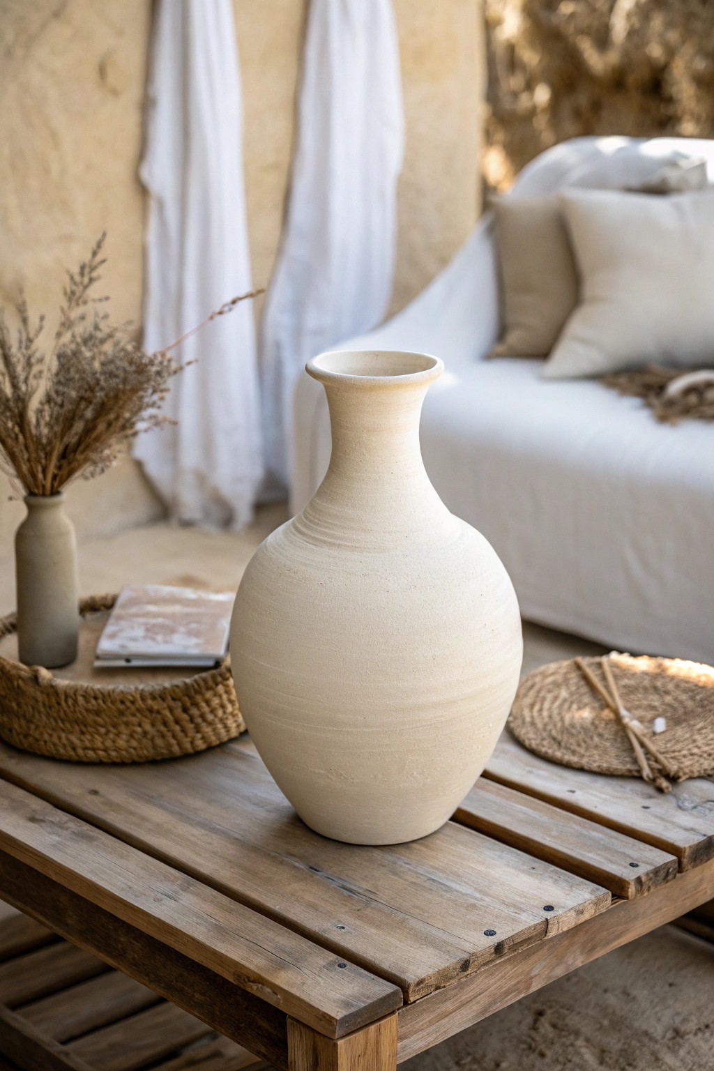 Effortless farmhouse charm: a neutral palette and artisan vase for timeless living room style.