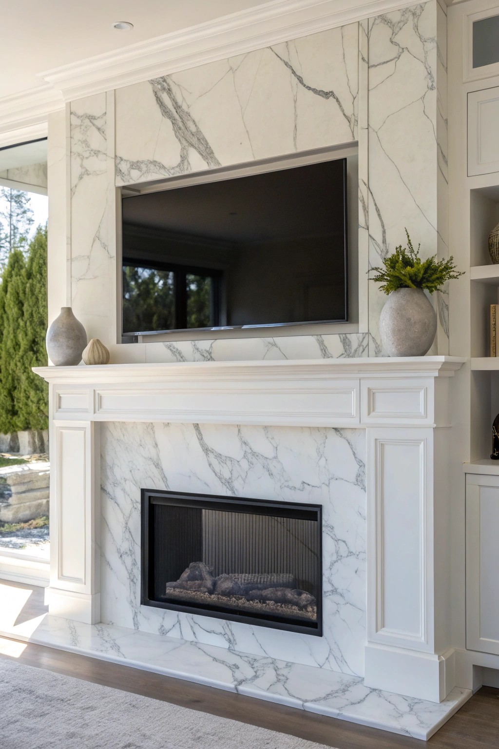 Elevate your space with a stunning marble fireplace wall crowned by a sleek TV—where timeless luxury meets modern simplicity.