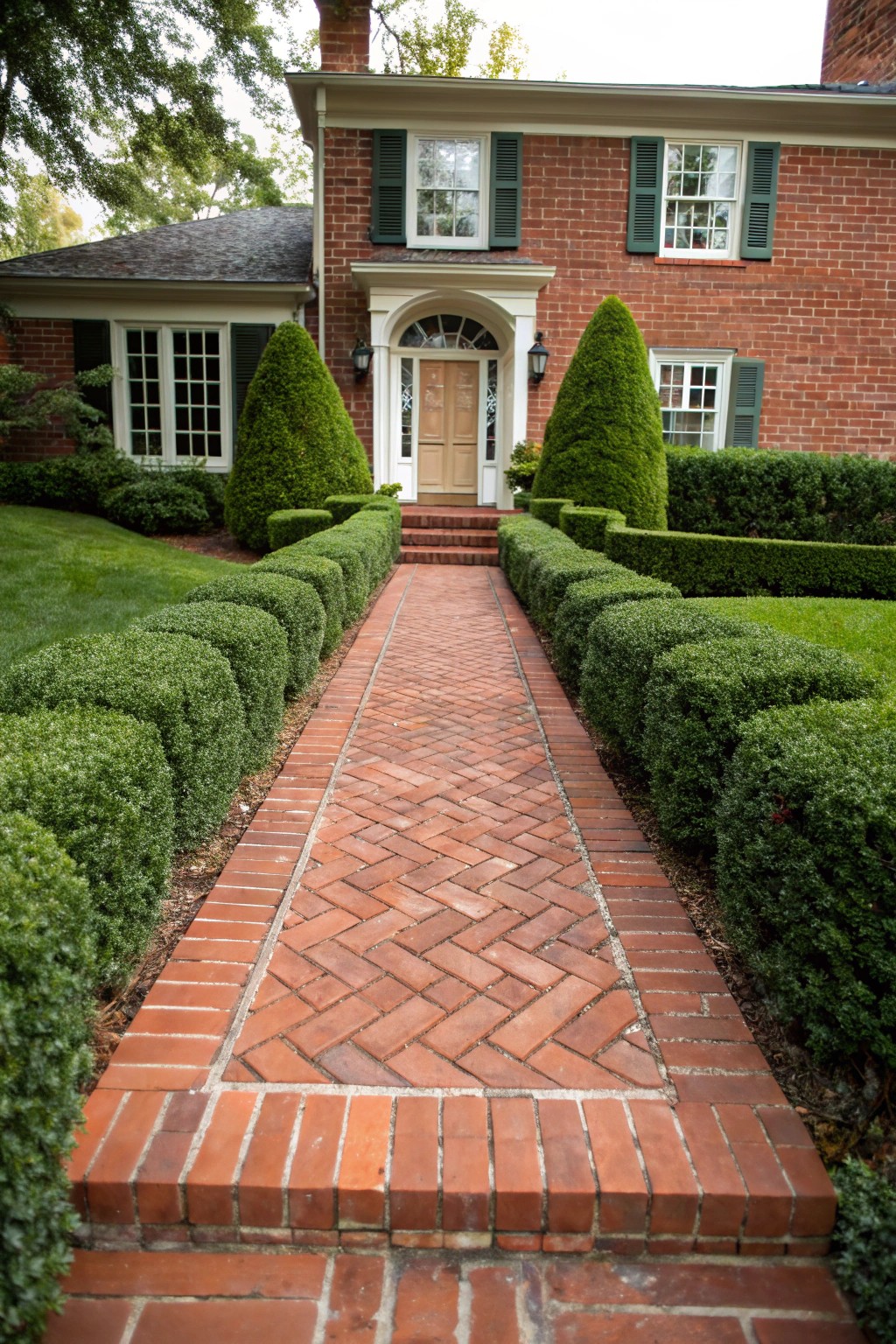 Timeless charm: a classic brick walkway for a warm, welcoming entry.