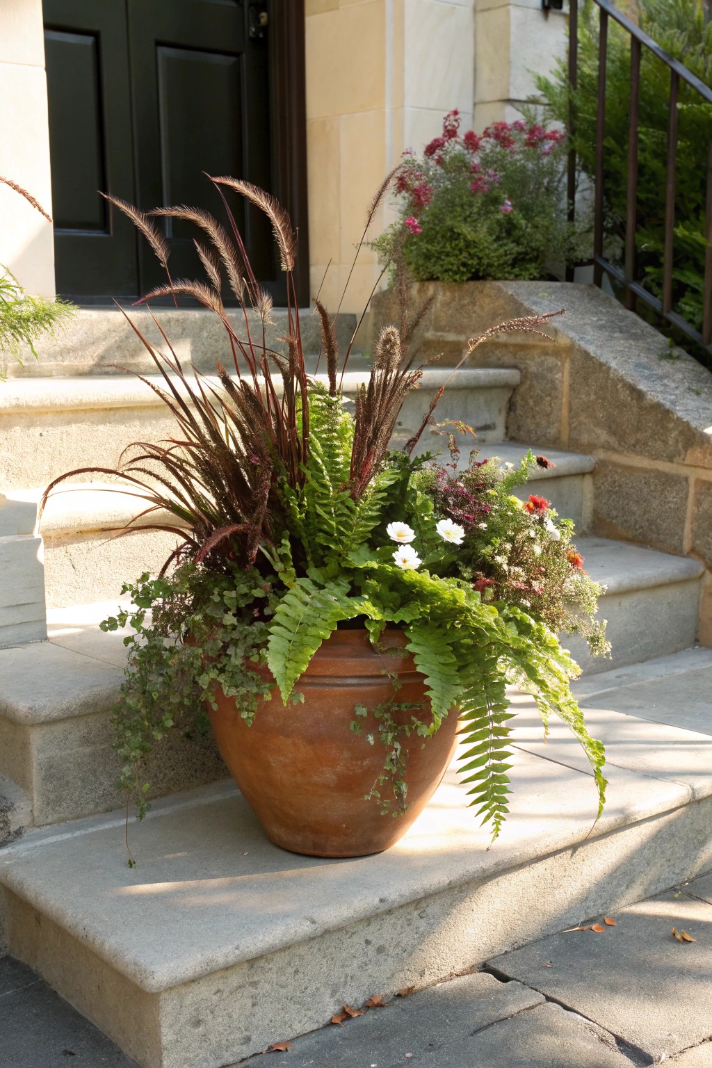 Elevate your entryway with a handcrafted pot overflowing with layered greenery.