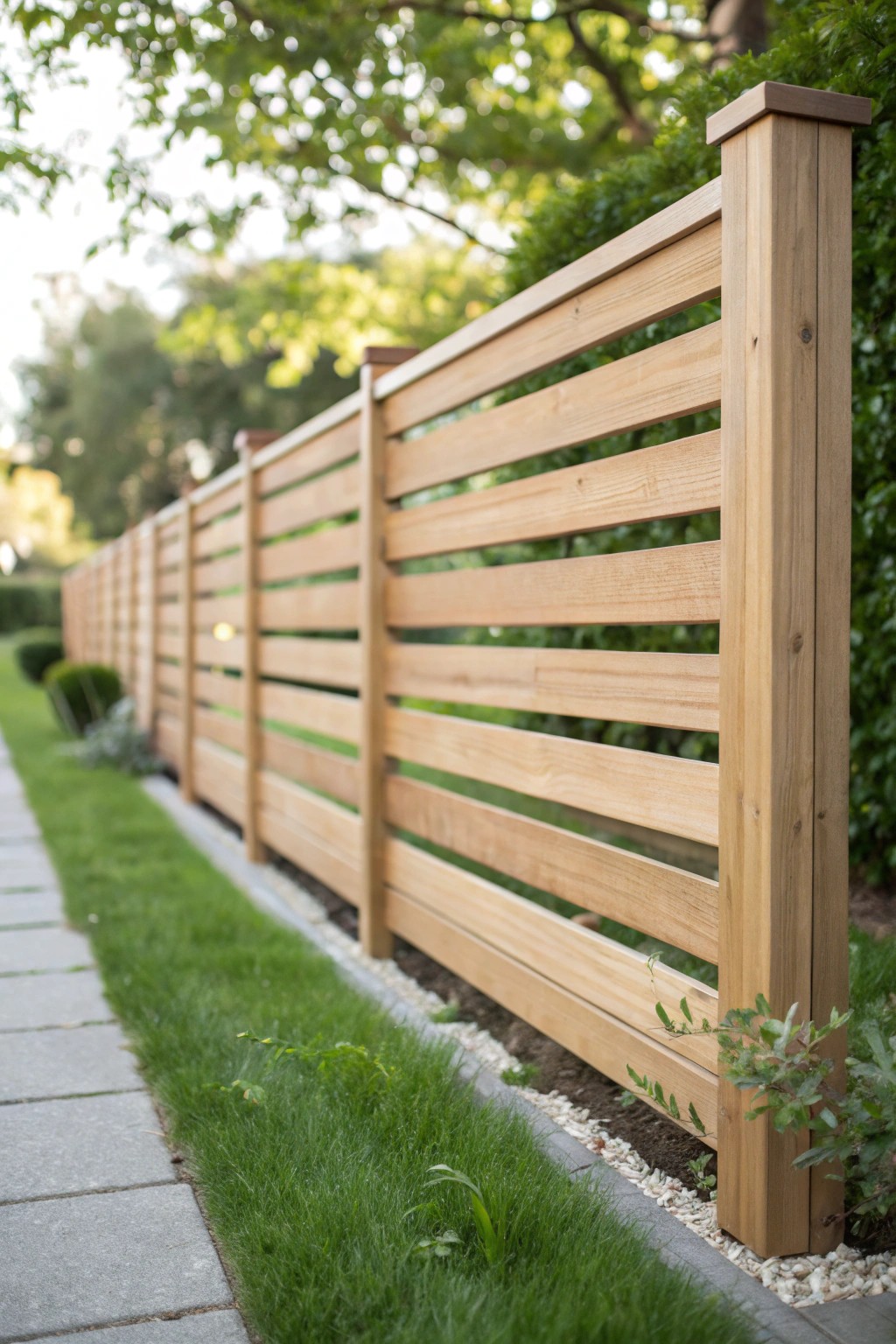 Sleek simplicity: A modern horizontal wood slat fence adds natural elegance to any front yard.
