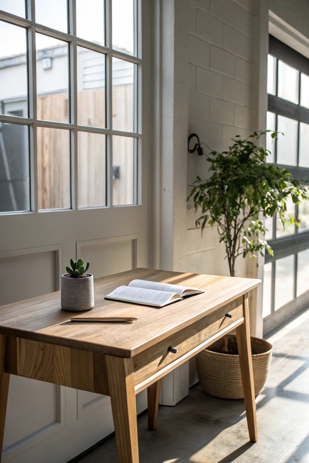 A tranquil home office desk, the centerpiece of a serene garage conversion sanctuary.