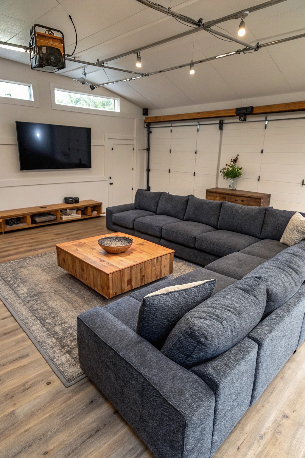 A plush sectional sofa is the heart of the classic garage man cave lounge.