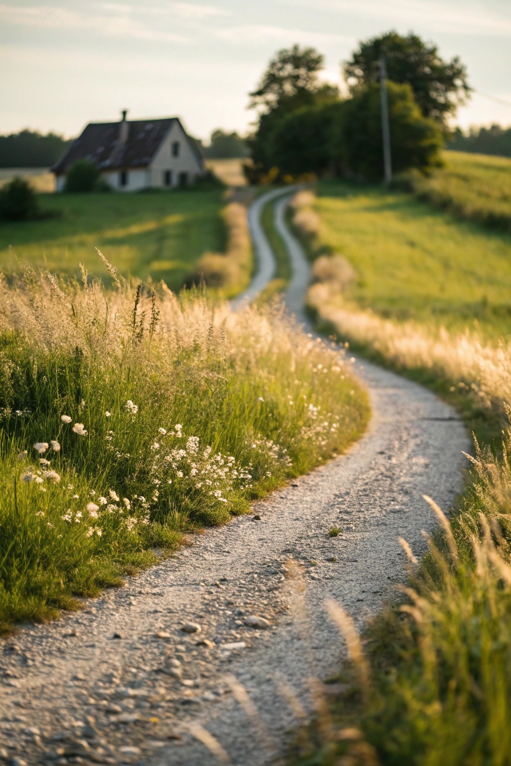 Timeless country charm: a classic gravel driveway framed by wildflowers.