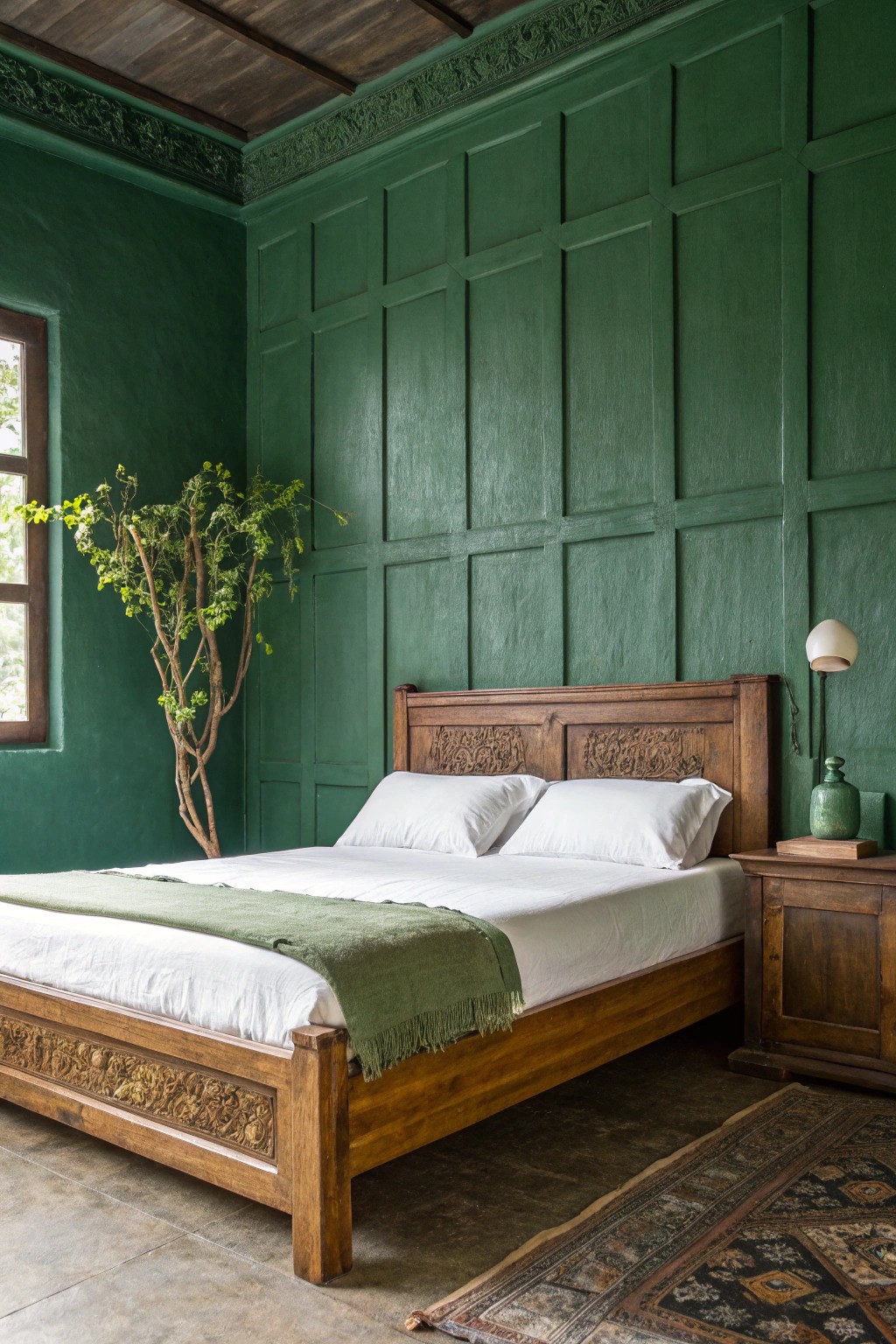Embrace tranquility with lush green bedroom walls and simple, natural touches.