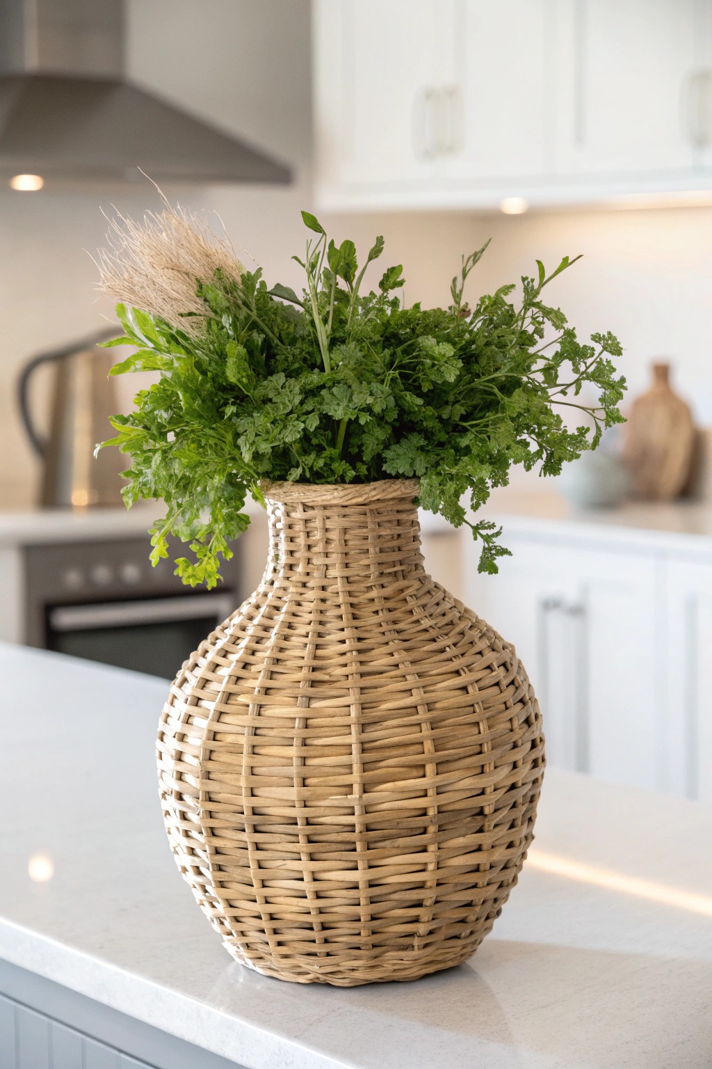 Woven beauty: A wicker vase with greenery brings effortless warmth to your kitchen island.