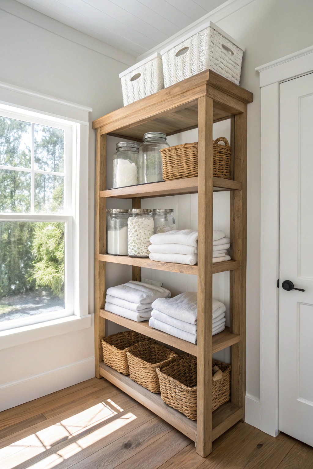 Elevate your laundry space with floor-to-ceiling shelving—where beauty meets function.