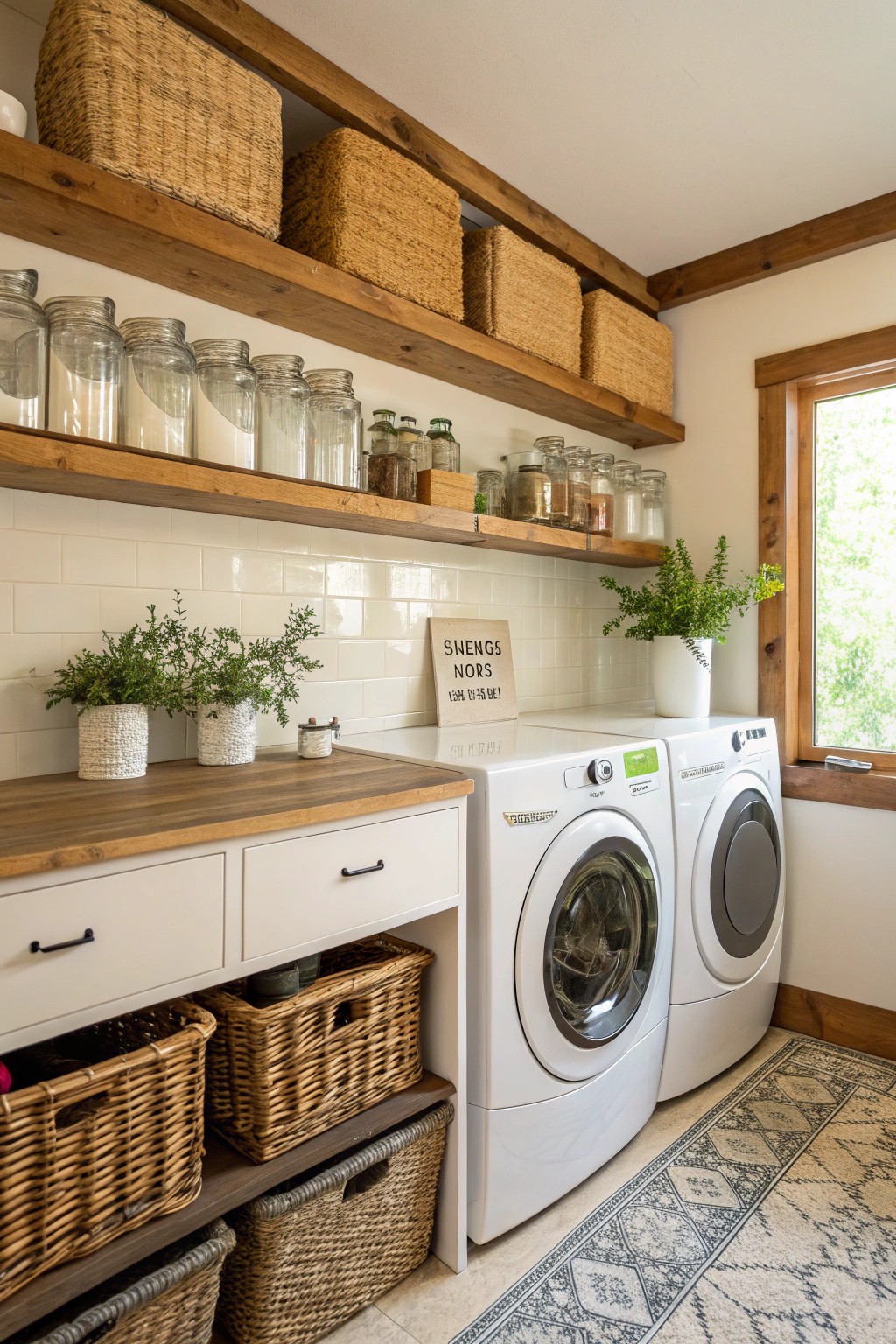 Open shelves add both storage and a light, inviting feel to your laundry room.