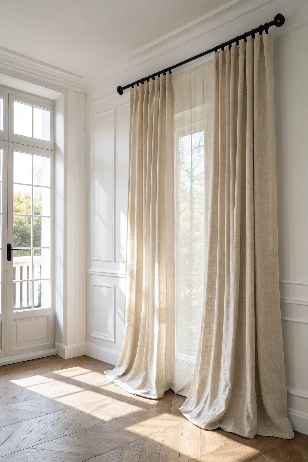 Elevate your living room with the quiet drama of floor-to-ceiling linen curtains.
