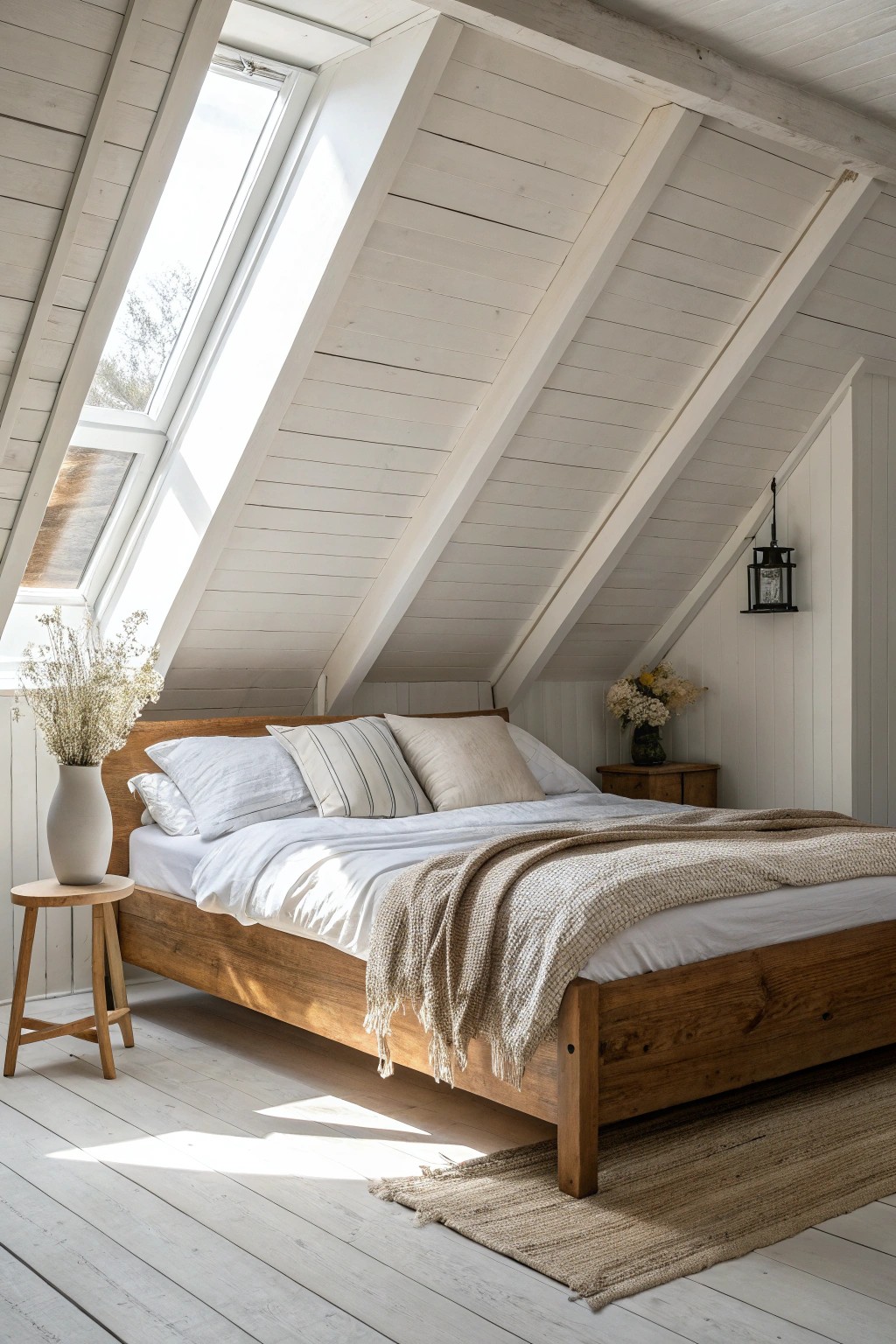 Turn sloped ceilings into a cozy nook—embrace architectural charm with natural materials.