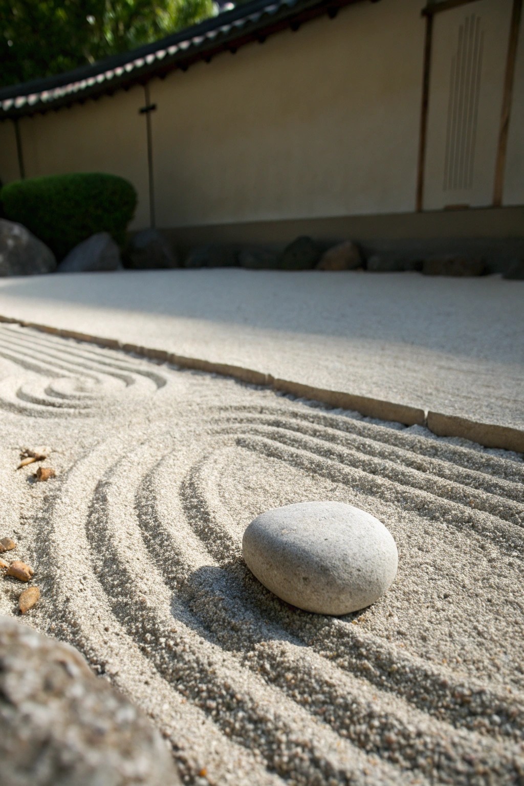 A simple mini Zen retreat: raked gravel and a smooth stone for instant peace.