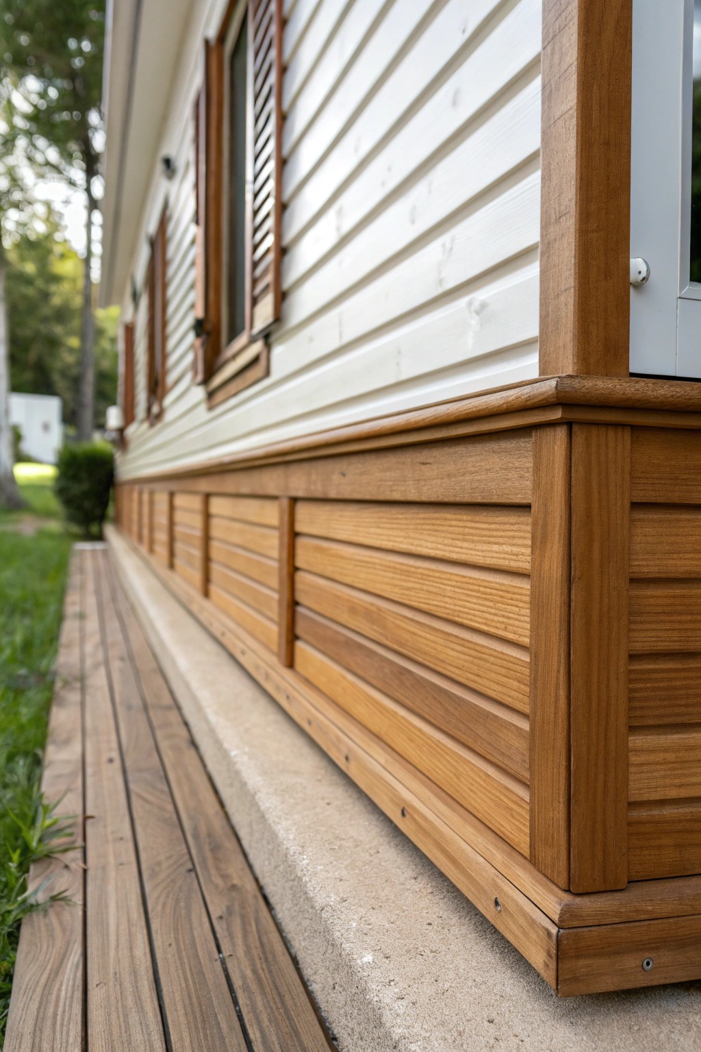Elevate your mobile home with timeless, handcrafted wood panel skirting.