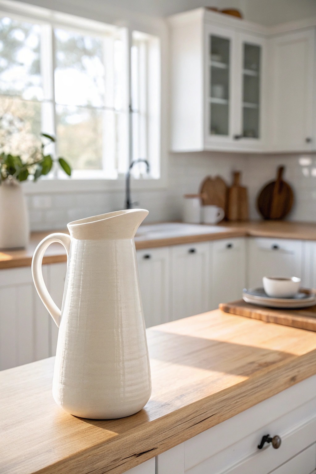 A crisp white ceramic pitcher brings coastal serenity to a modern kitchen.
