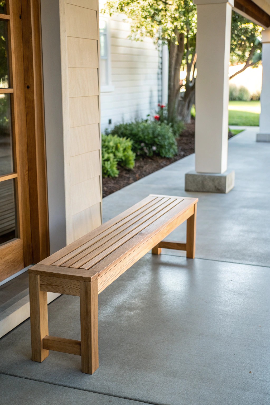 Sleek simplicity: a modern wooden bench elevates front porch style.