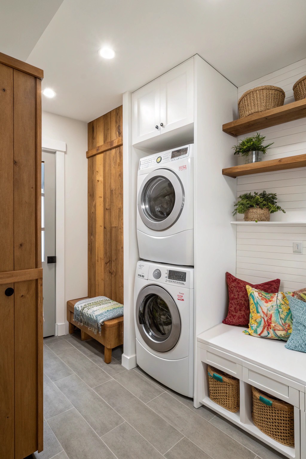 Space-saving stackable machines make this laundry room feel open and contemporary.