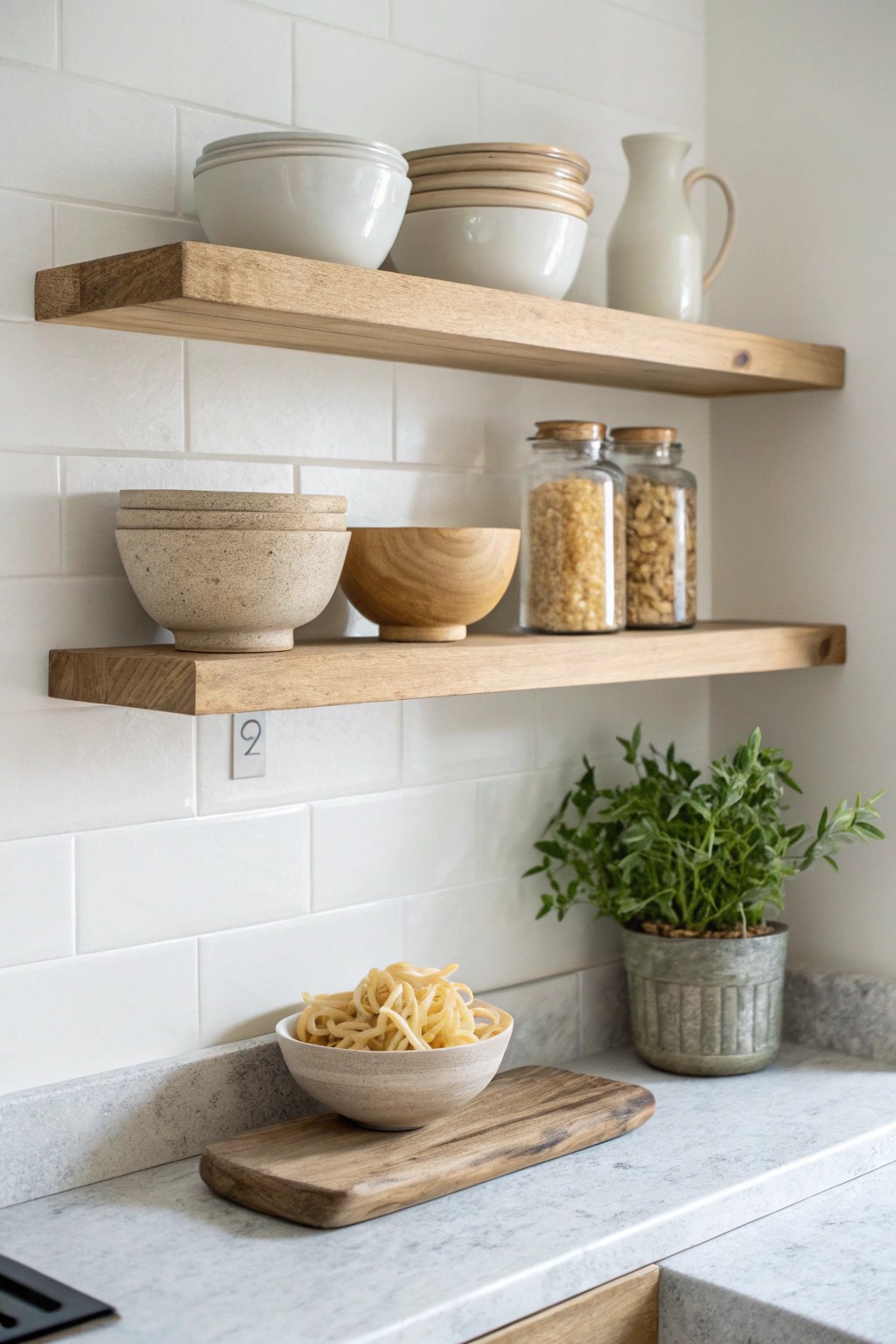 Airy open shelving: elevate your small kitchen with curated simplicity.