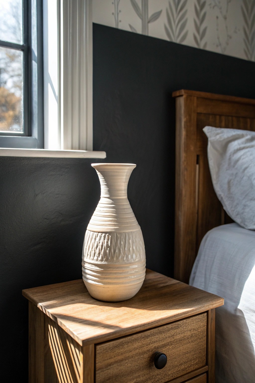A deep, dark wall sets the mood—elevate your bedroom with bold color and artisan accents.