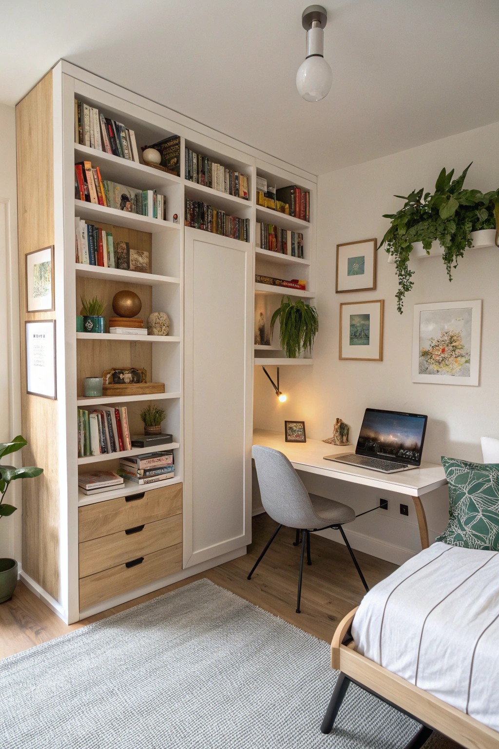 A seamless Murphy bed blends into the office wall, ready to transform into a guest haven.