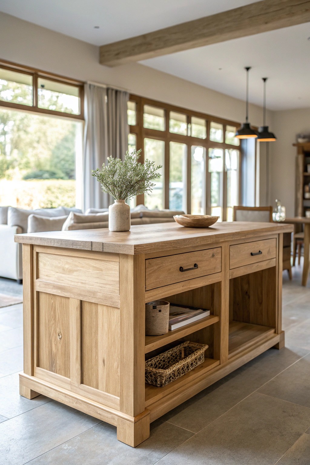 The heart of open living: a stunning kitchen island seamlessly connects kitchen and living space.